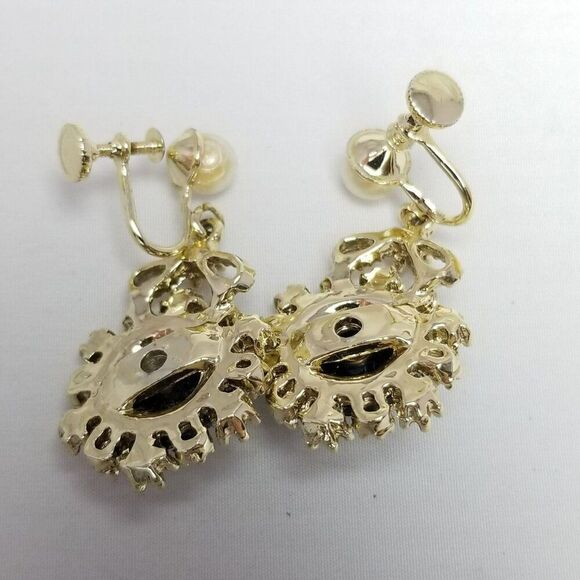 Vintage Black and Gold Tone Faux Pearl Dangle Clip On Earrings, Screw Backs - Picture 4 of 8